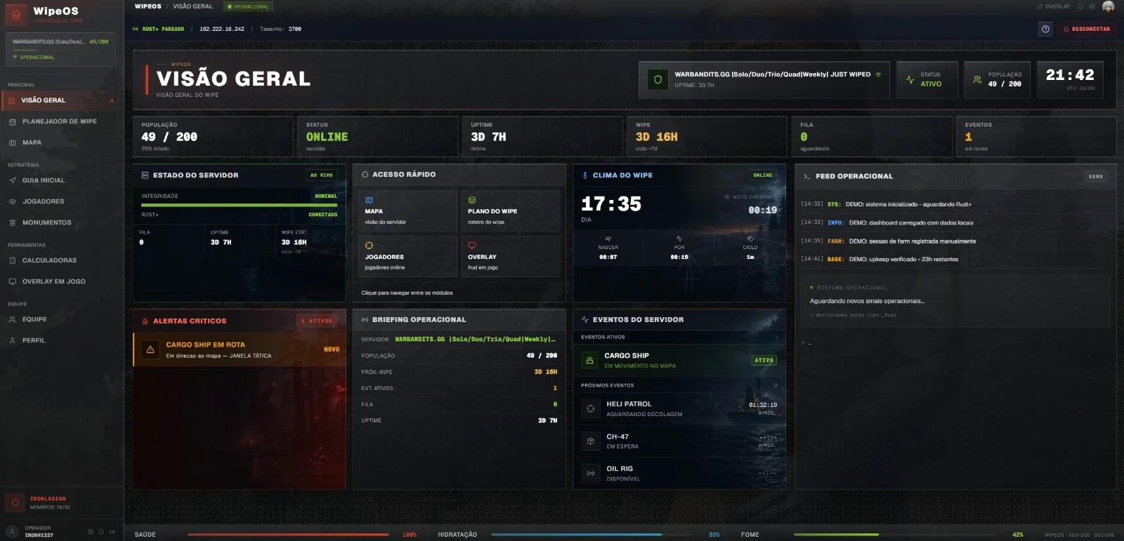 Central de comando do WipeOS com jogadores, eventos e progresso do wipe