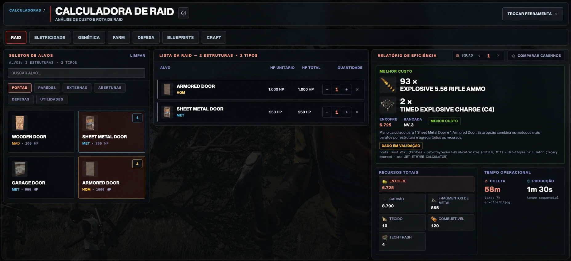 Calculadora de Raid do WipeOS com estruturas selecionadas, relatório de eficiência e recursos totais da rota