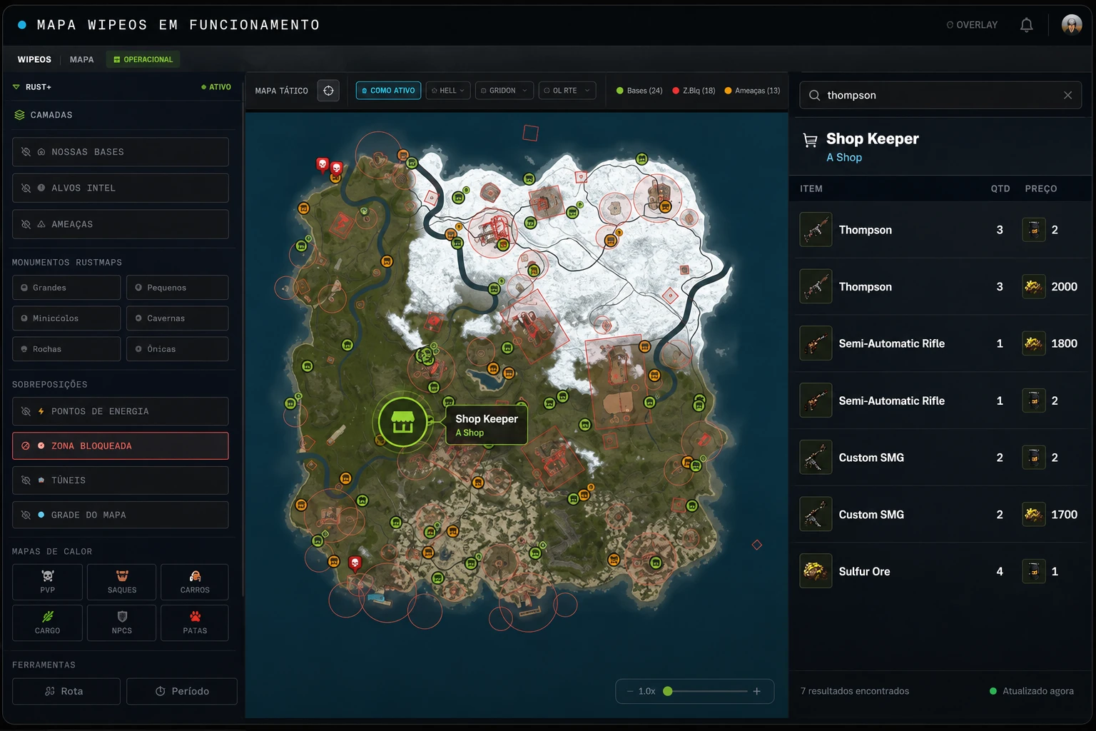 Mapa do WipeOS com busca por Thompson e lojas encontradas no servidor