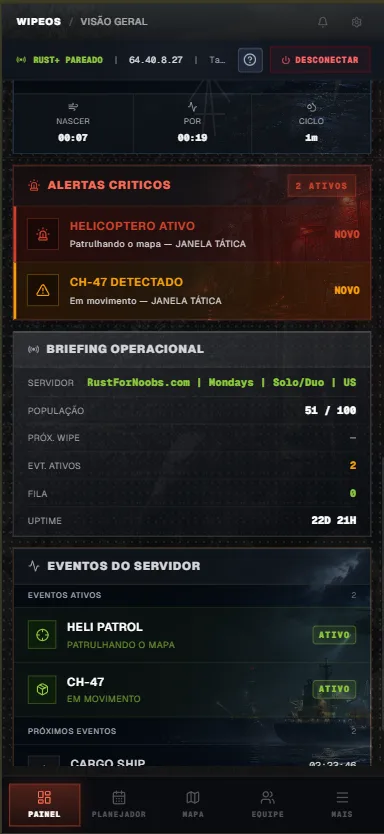 Painel do WipeOS no celular com alertas críticos, população do servidor e eventos ativos